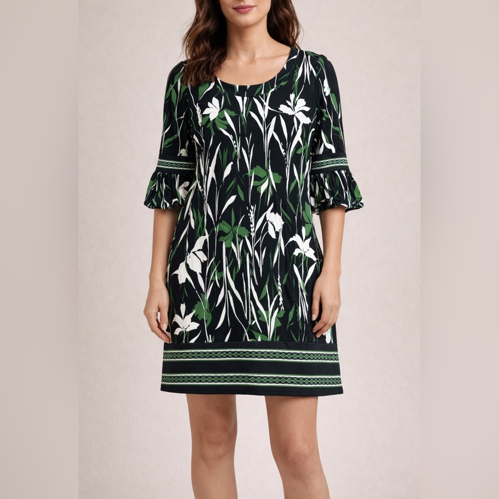 LOFT Womens Size 6 Green Black Floral Dress 3/4 Sleeve Scoop Neck Shift Style